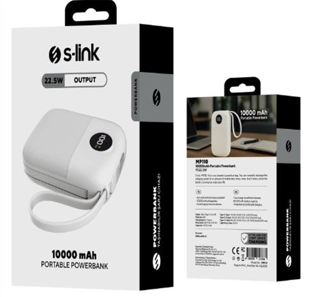 S-link MP110 10000mAh PD22.5W Type-C+Lightning Kablolu Beyaz Pil Şarj Cihazı Powerbank