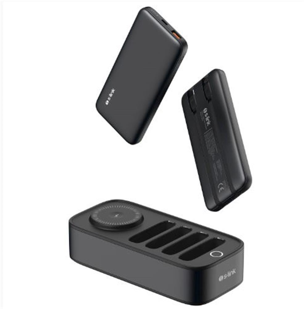 S-link IP-DS40 4 Adet 10000mAH Powerbank li 15W Kablosuz Şarj Siyah Taşınabilir Şarj İstasyonu