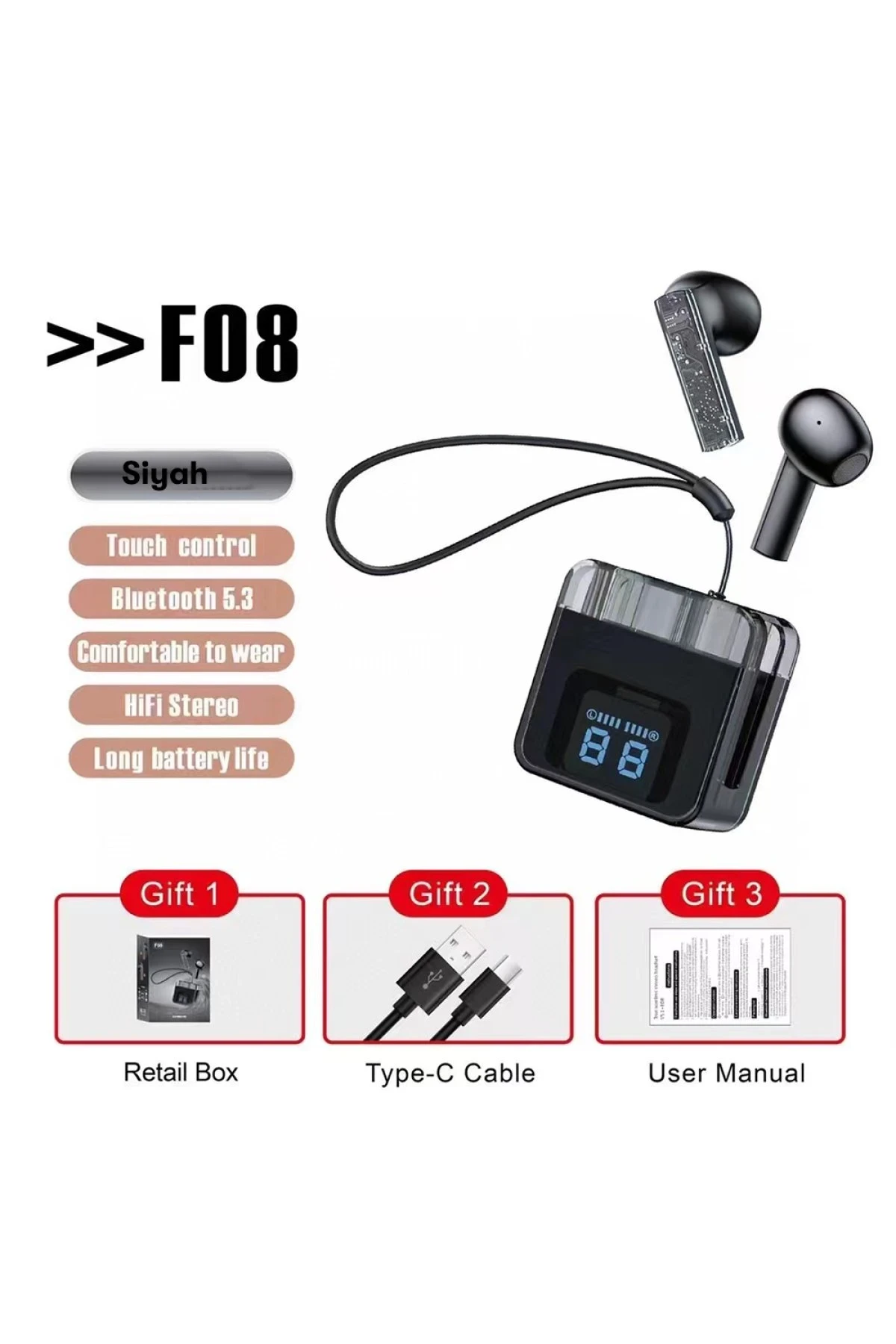 Karler Bass F08 Dijital Şarj Göstergeli TWS Bluetooth Kulaklık - Siyah