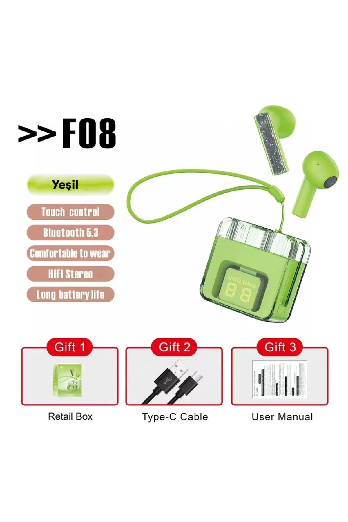 Karler Bass F08 Dijital Şarj Göstergeli TWS Bluetooth Kulaklık - Yeşil