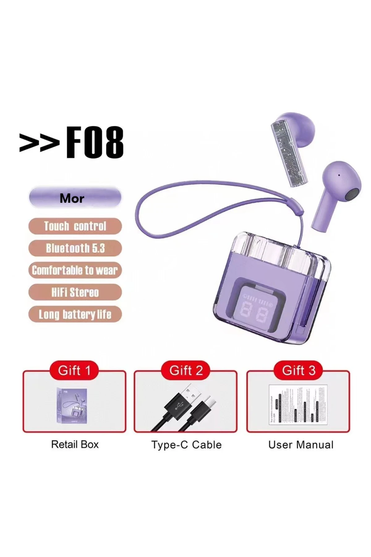 Karler Bass F08 Dijital Şarj Göstergeli TWS Bluetooth Kulaklık - Mor