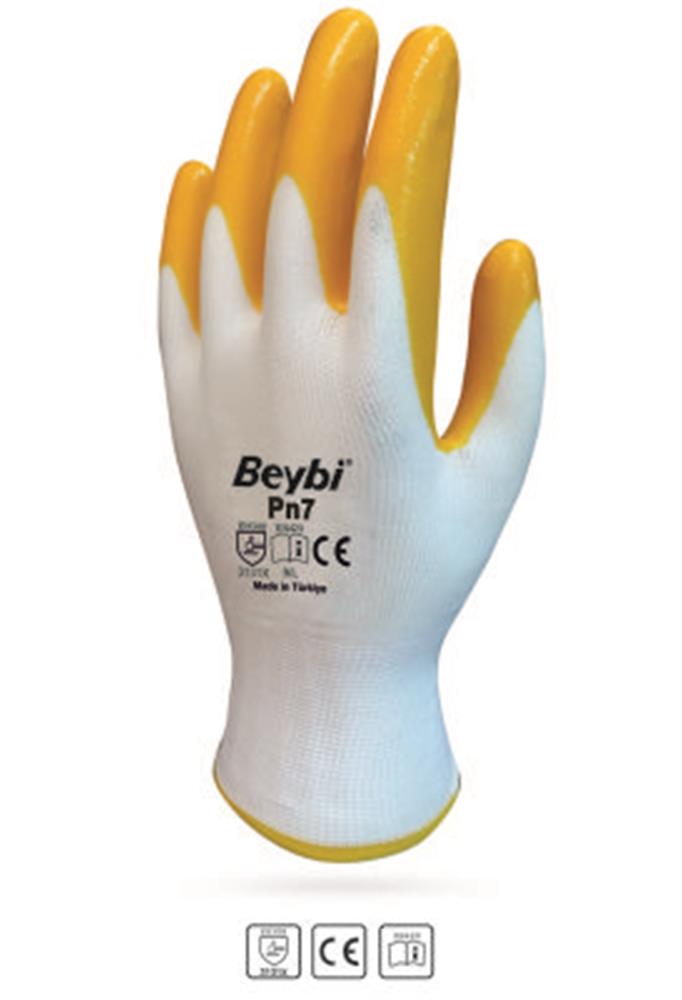 Beybi Nitril Poly PN7 10 Beden Beyaz Sarı Eldiven 12li Paket