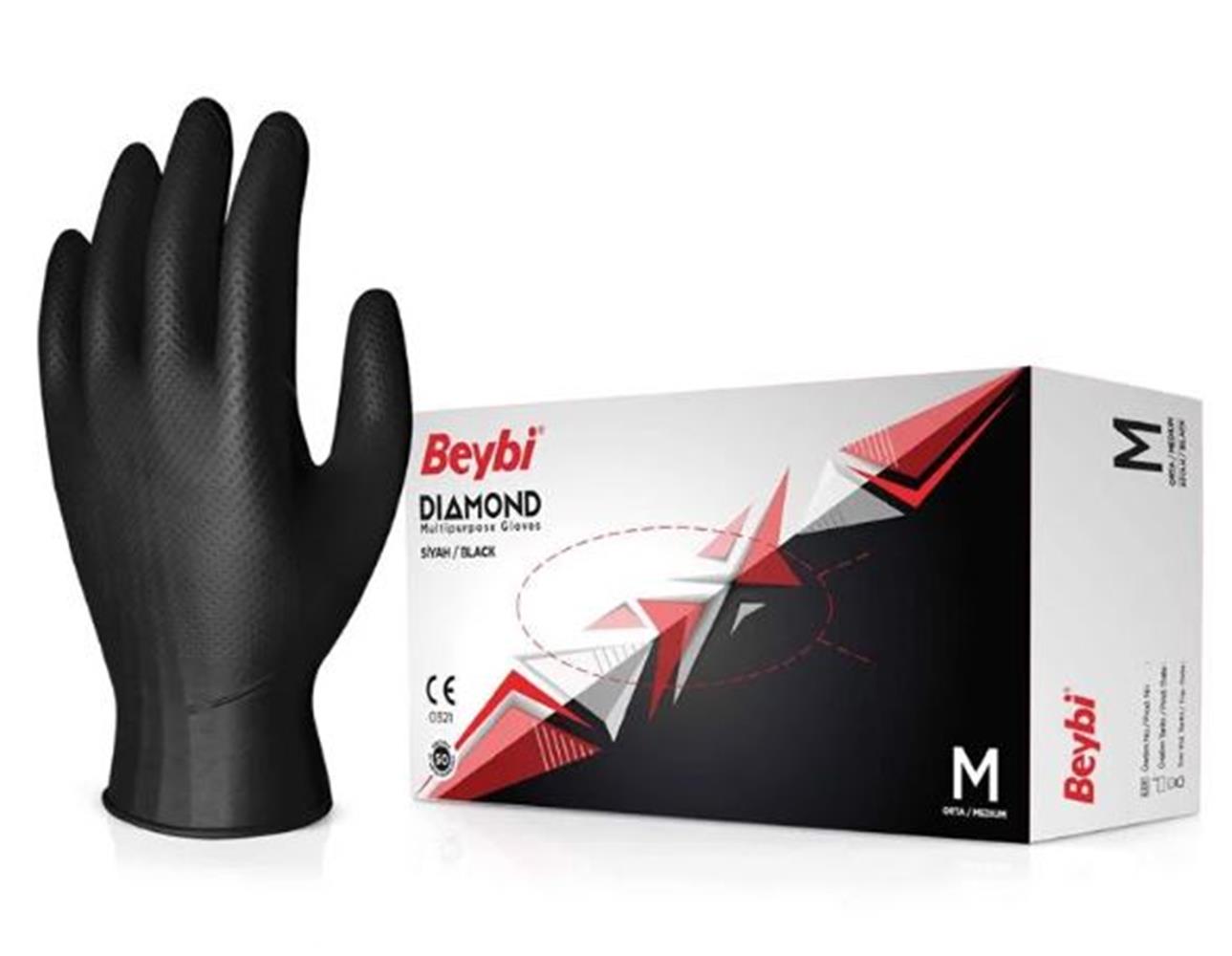 Beybi Diamond M Beden Pudrasız Kalın Siyah Nitril Eldiven Medium (Kutuda 100 Adet)