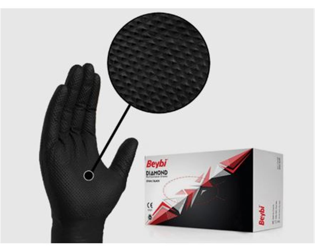 Beybi Diamond Xl Pudrasız Kalın Siyah Nitril Eldiven XL (Kutuda 100 Adet)