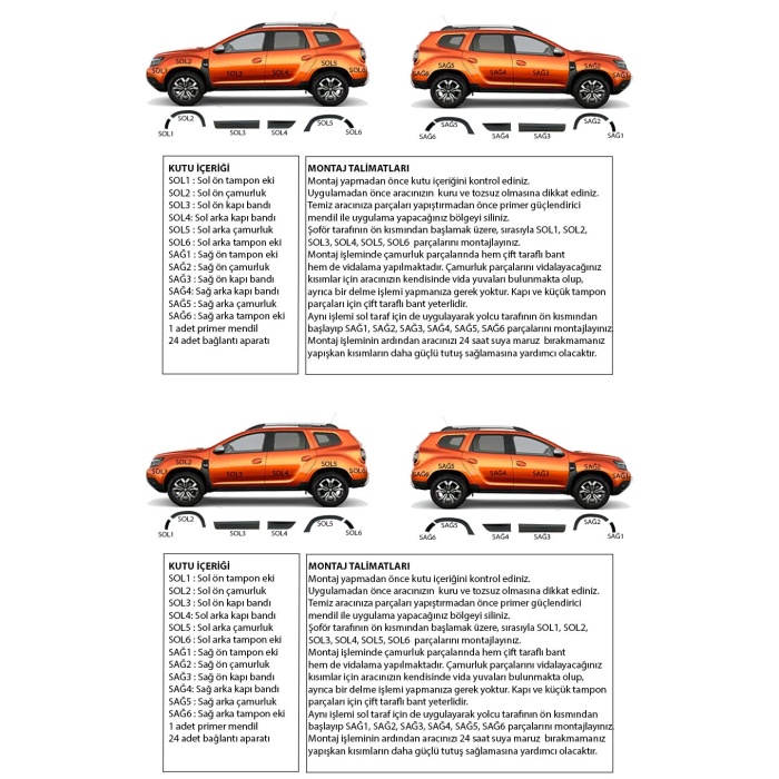 Dacia Duster 2018 ve Üzeri Kapı ve Çamurluk Koruma Premium Dodik Seti 12 Parça