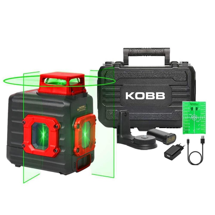 KOBB KBL33G 40M Profesyonel Li-ion Şarjlı 2x90⁰/360⁰ Otomatik Hizalamalı Yeşil Çapraz Çizgi Lazer Distomat