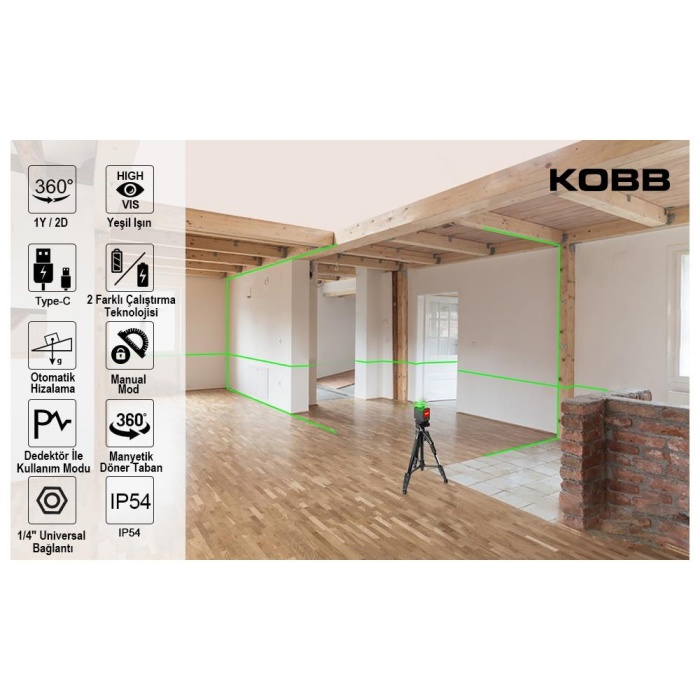 KOBB KBL33G 40M Profesyonel Li-ion Şarjlı 2x90⁰/360⁰ Otomatik Hizalamalı Yeşil Çapraz Çizgi Lazer Distomat