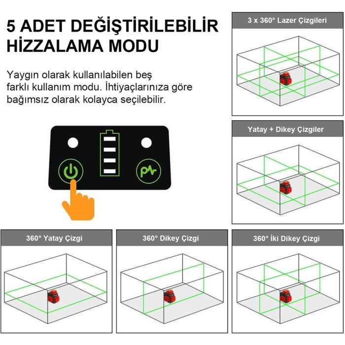 KOBB KBL34G 40 Metre Profesyonel Li-ion Şarjlı 3X360⁰ Otomatik Hizalamalı Yeşil Çapraz Çizgi Lazer Distomat