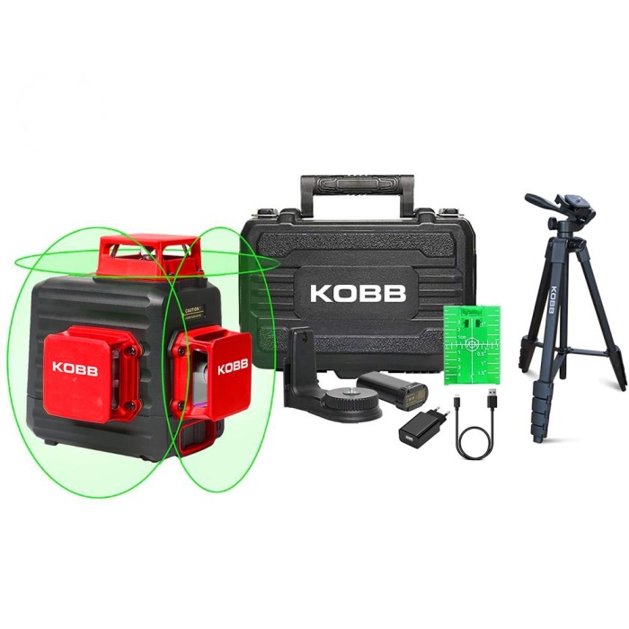 KOBB KBL34GTP 40 Metre Profesyonel Li-ion Şarjlı 3X360⁰ Otomatik Hizalamalı Yeşil Çapraz Çizgi Lazer Distomat+Tripod