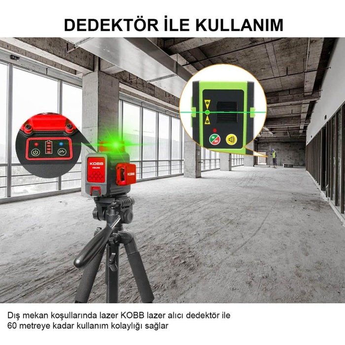 KOBB KBL34GTP 40 Metre Profesyonel Li-ion Şarjlı 3X360⁰ Otomatik Hizalamalı Yeşil Çapraz Çizgi Lazer Distomat + Tripod