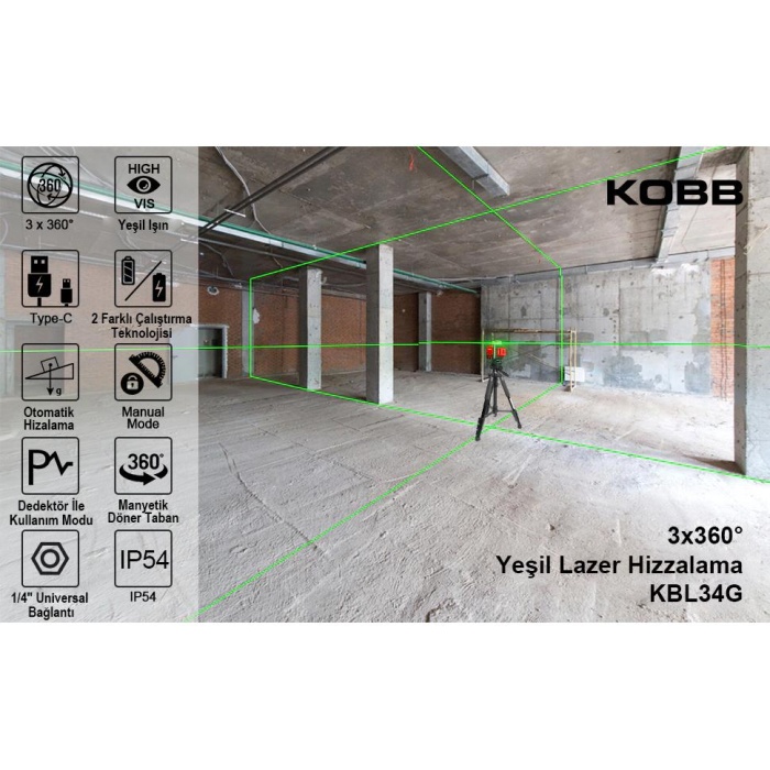 KOBB KBL34GTP 40 Metre Profesyonel Li-ion Şarjlı 3X360⁰ Otomatik Hizalamalı Yeşil Çapraz Çizgi Lazer Distomat + Tripod