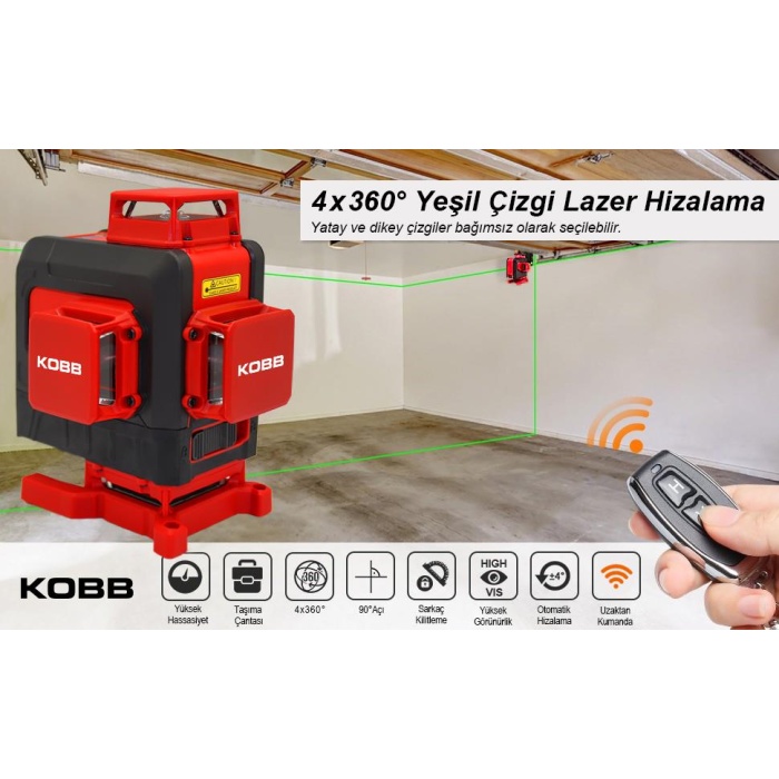 KOBB KBL35GTP Profesyonel Li-ion Şarjlı 4X360⁰ Otomatik Hizalamalı Yeşil Çapraz Çizgi Lazer Distomat + Uzaktan Kumanda + Tripod