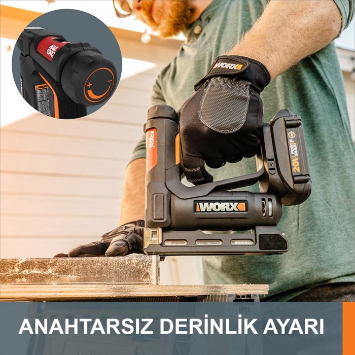 WORX WX843 20Volt/2.0Ah. Li-ion Şarjlı Profesyonel 6-14mm Zımba ve 15mm Çivi Çakma + 3500 adet Yedek Zımba ve Çivi