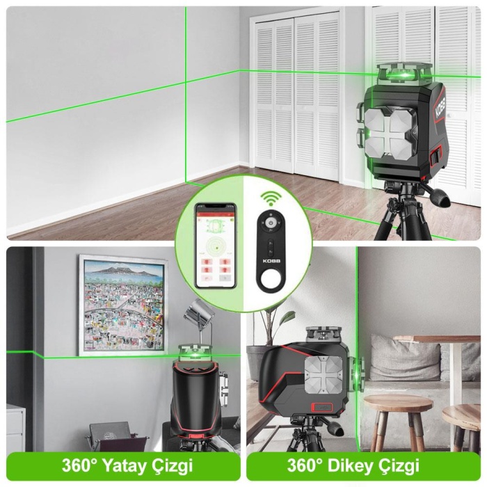 KOBB KBL36GTP Profesyonel Li-ion Şarjlı 4X360⁰ LCD Ekran Otomatik Hizalamalı Yeşil Çapraz Çizgi Lazer Distomat+Tripod