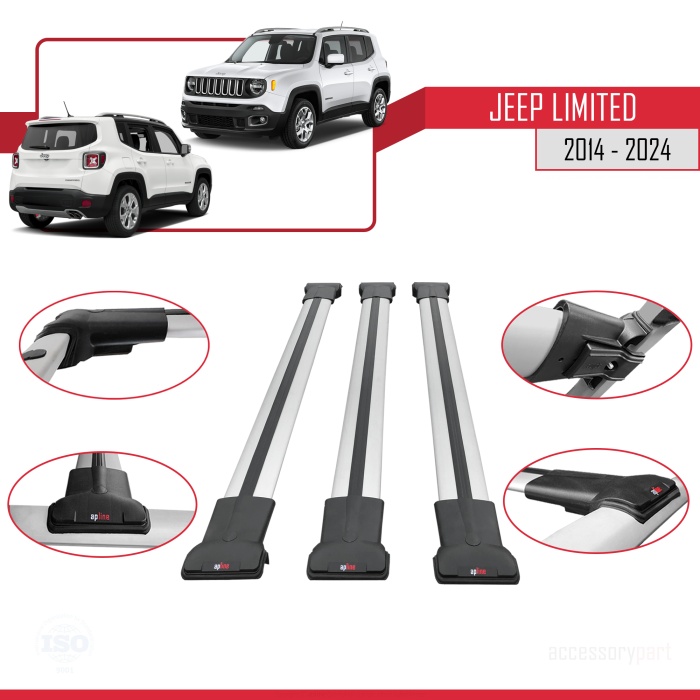 Jeep Limited 2014 ve Sonrası ile uyumlu FLY Model Ara Atkı Tavan Barı GRİ  3 ADET