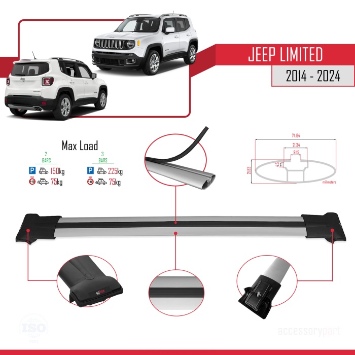 Jeep Limited 2014 ve Sonrası ile uyumlu FLY Model Ara Atkı Tavan Barı GRİ