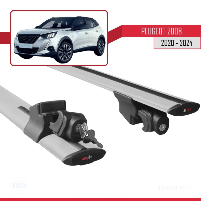 Peugeot 2008 2020 ve Sonrası ile uyumlu HOOK Model Anahtar Kilitli Ara Atkı Tavan Barı GRİ