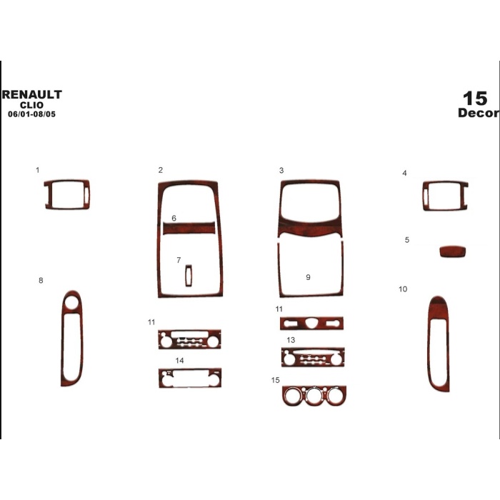 Clio 2001-2005 Uyumlu Ön Torpido Maun Kaplama (15 Parça)