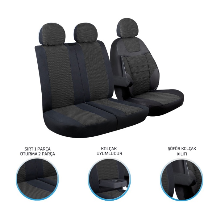 Ford Transit 2013 ve Sonrası 2+1 Ön Koltuk Kılıf Seti Siyah