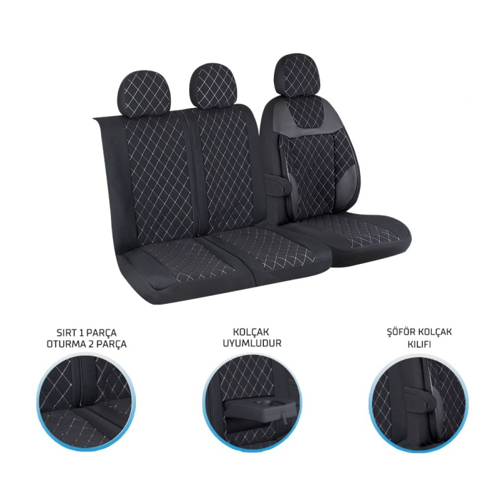 Ford Transit 2013 ve Sonrası 2+1 Ön Koltuk Kılıf Seti Alkantra Beyaz Dikiş
