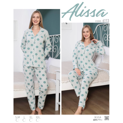 Alissa 6113 Bayan Yeşil Puanlı Patlı Uzun Kol Pijama Takımı