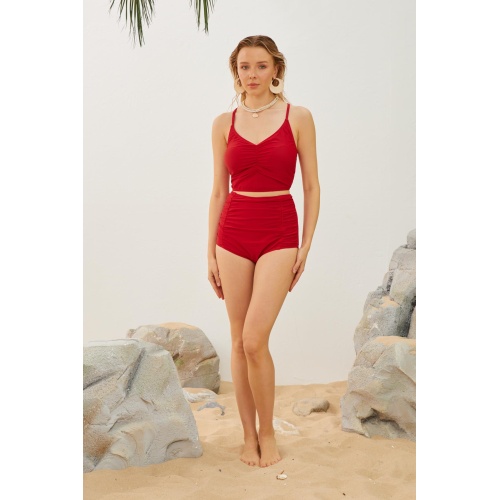 Yüksek Bel Toparlayıcı Model Göğüs Büzgülü Kırmızı Bikini Takımı