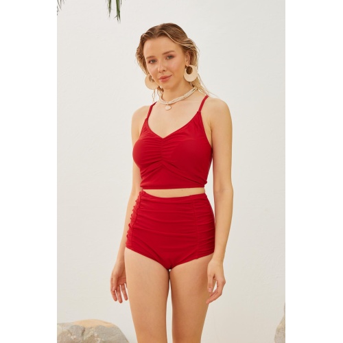 Yüksek Bel Toparlayıcı Model Göğüs Büzgülü Kırmızı Bikini Takımı