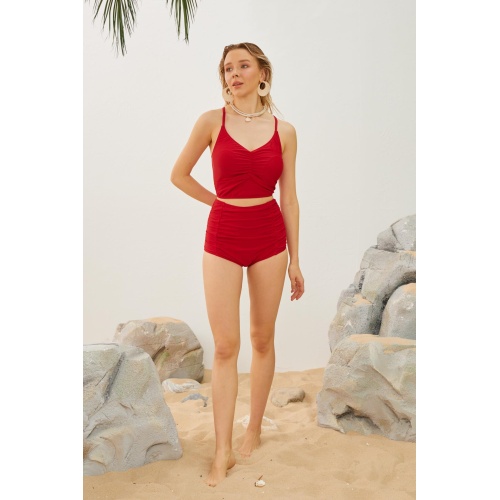 Yüksek Bel Toparlayıcı Model Göğüs Büzgülü Kırmızı Bikini Takımı