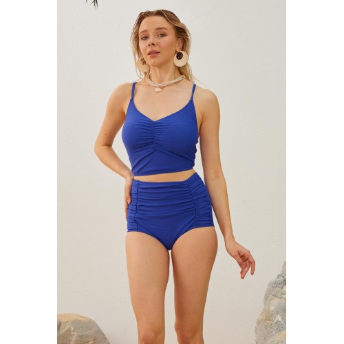 Yüksek Bel Toparlayıcı Önü Büzgülü Bikini Takımı Koyu Mavi