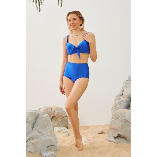 Büyük Beden Kaplı Bikini Takımı Mavi Kurdela Detaylı