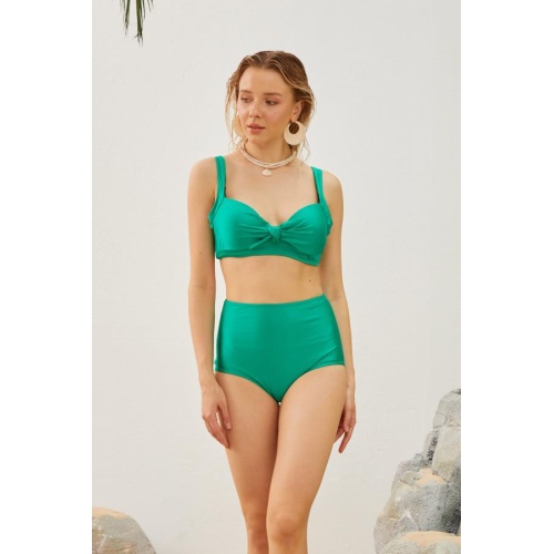 Büyük Beden Kaplı Bikini Takımı Kurdela Detaylı Yeşil