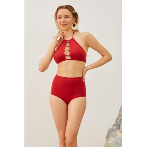 Yüksek Bel Toparlayıcı Bikini Takımı Kırmızı