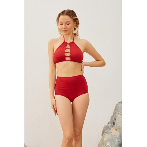 Yüksek Bel Toparlayıcı Bikini Takımı Kırmızı