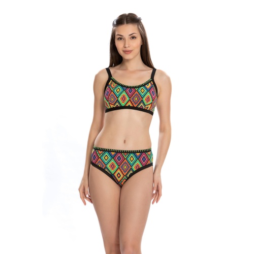 Kadın Badyli Bikini Takımı Etnik Desenler Neon Detaylı