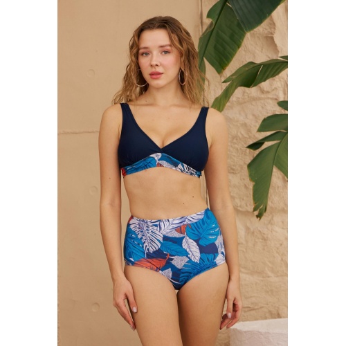 Bikini Takımı Toparlayıcı Yüksek Bel Mavi Yapraklı