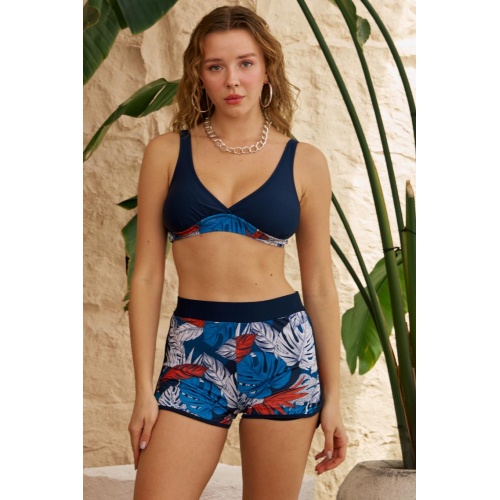 Şortlu Bikini Takımı Toparlayıcı Lacivert Mavi Yapraklı