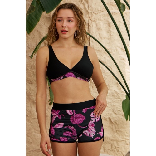 Şortlu Bikini Takımı Toparlayıcı Siyah Pembe Gül Desenli