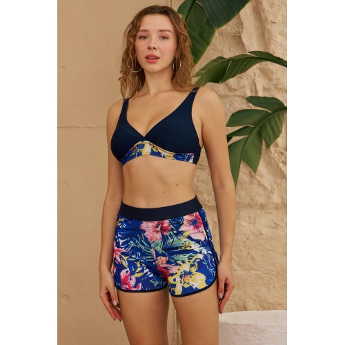 Şortlu Bikini Takımı Toparlayıcı Lacivert Çiçek Desenli