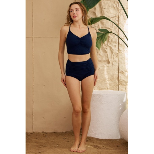 Bikini Takımı Yüksek Bel Toparlayıcı Önü Büzgülü Lacivert