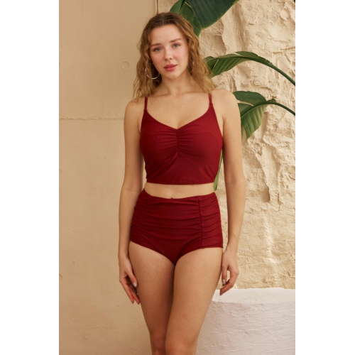 Bikini Takımı Yüksek Bel Toparlayıcı Önü Büzgülü Vişne