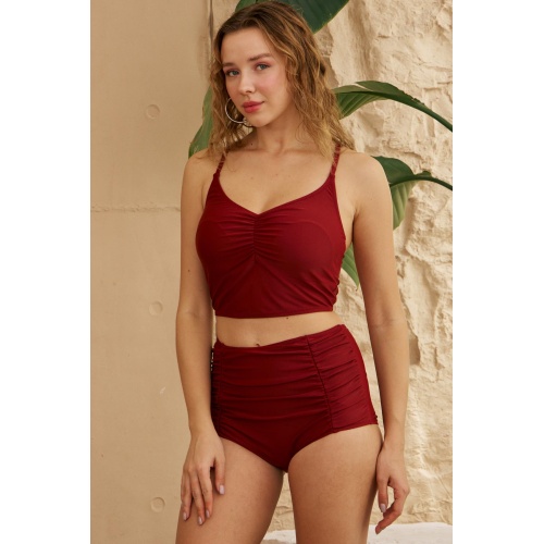 Bikini Takımı Yüksek Bel Toparlayıcı Önü Büzgülü Vişne
