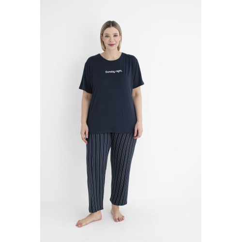 Estiva 25151 Kadın Battal  Beden Çizgilii Kısa Kol Pijama Takımı
