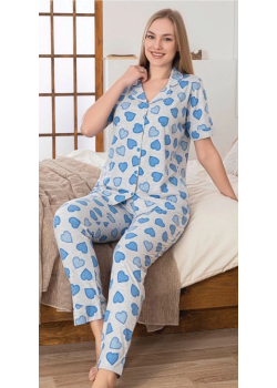 Alissa 6275 Kadın Mavi Kalp Desenli Patlı Pijama Takımı
