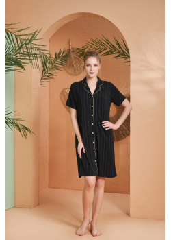 Pjs 27043 Kadın Kısa Kol Çizgili Önü Düğmeli Gecelik