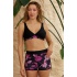 Şortlu Bikini Takımı Toparlayıcı Siyah Pembe Gül Desenli