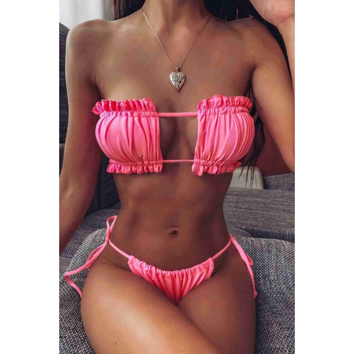 Angelsin Brezilya Model Büzgülü Bağlamalı Bikini Altı Pembe