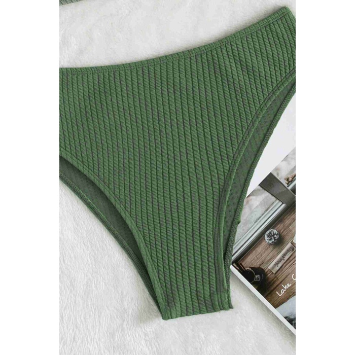 Angelsin Özel Fitilli Kumaş Yüksek Bel Tankini Bikini Takım Yeşil