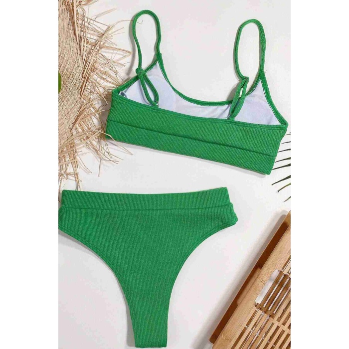 Angelsin Yüksek Bel Fitilli Kumaş Tankini Bikini Takım Yeşil