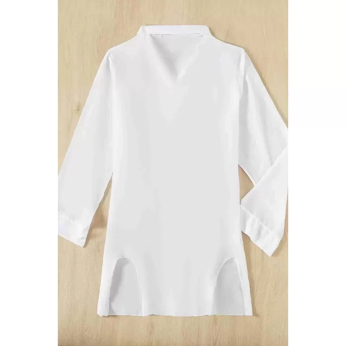 Angelsin Şifon Gömlek Plaj Elbisesi Pareo Kimono Kaftan Beyaz