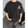 Ön ve Arka Baskılı Oversize Bisiklet Yaka T-shirt - Siyah